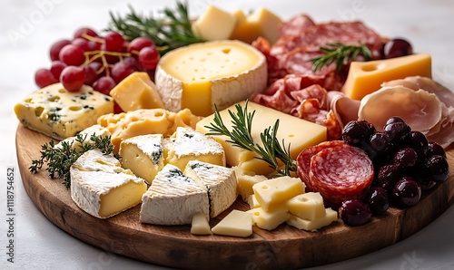 Cheese board: variety of cheeses on marble serving board. cheese platter, snacks. place for text, top view. 