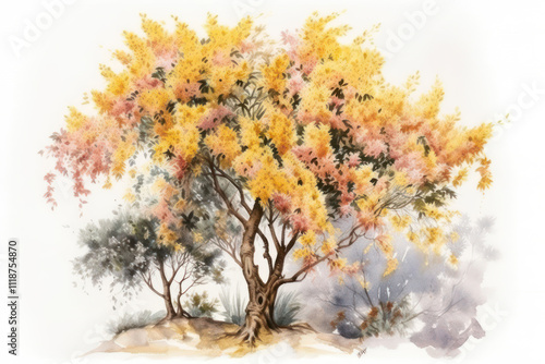 Fototapeta Naklejka Na Ścianę i Meble -  Watercolor painting of a tree with yellow flowers on a white background