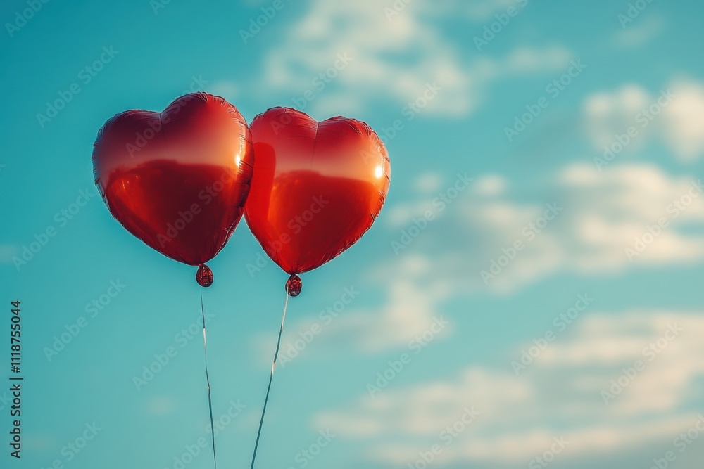 Heart-shaped balloons float against a bright sky, symbolizing love and celebration Heart-shaped balloons float against a bright sky, symbolizing love and celebration