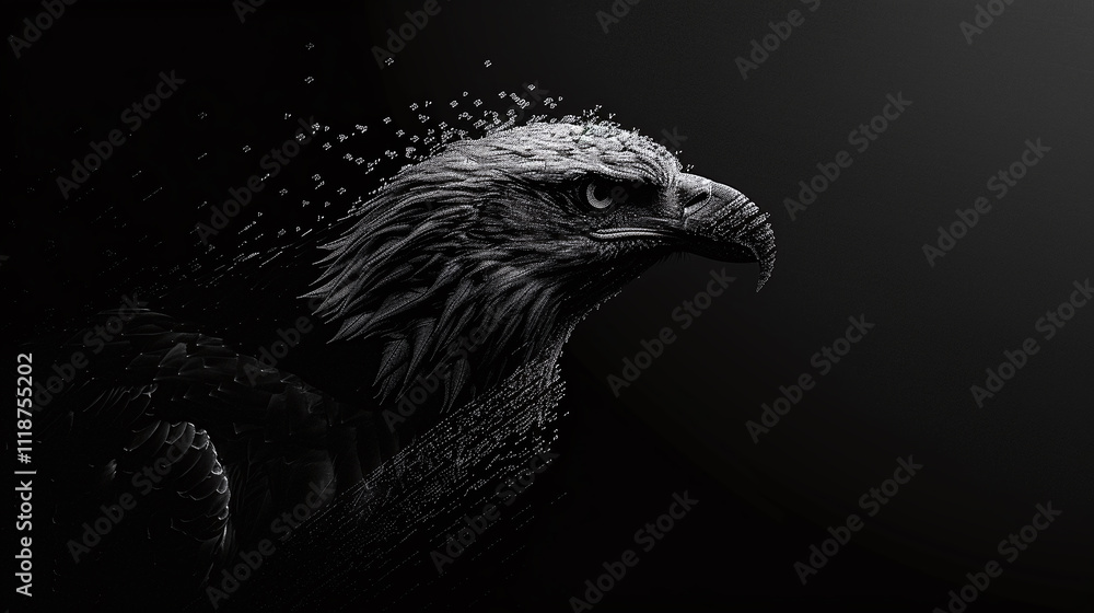 Abstract digital artwork of an eagle disintegrating into particles, with striking details on a black background