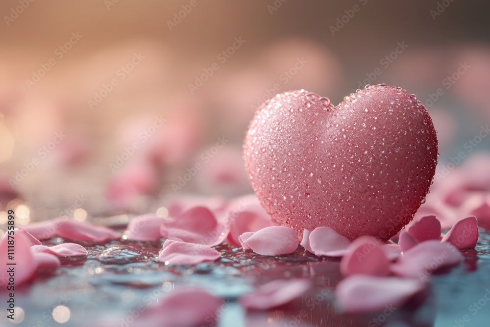 Soft pink heart surrounded by delicate petals on a shiny surface for Valentine's Day celebration Soft pink heart surrounded by delicate petals on a shiny surface for Valentine's Day celebration