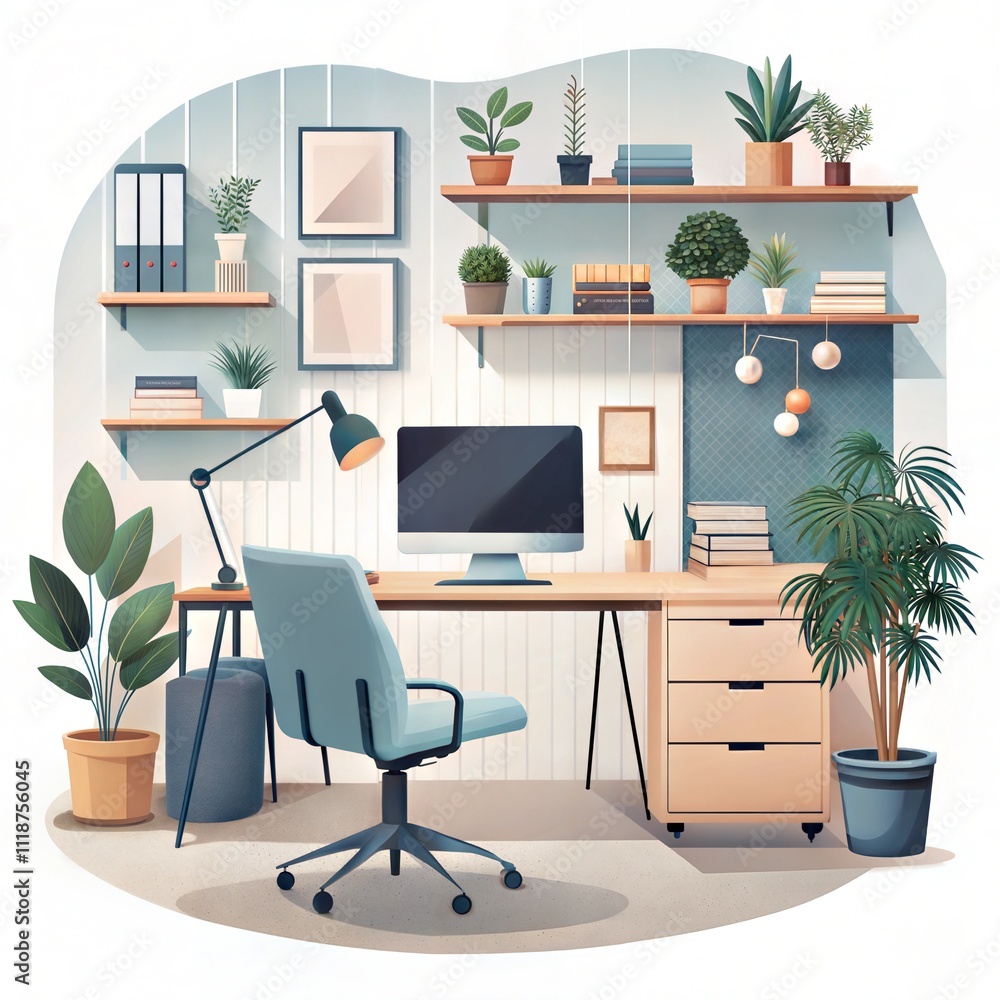 Fototapeta premium Modern Home Office Setup with Wooden Desk and Plants