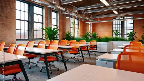 Modern Office Space with Brick Walls, Orange Chairs, White Desks, Large Windows, and Indoor Plants

 photo