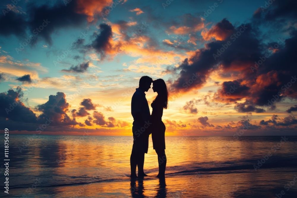 Romantic couple shares a kiss on the beach at sunset with vibrant clouds and ocean reflections Romantic couple shares a kiss on the beach at sunset with vibrant clouds and ocean reflections