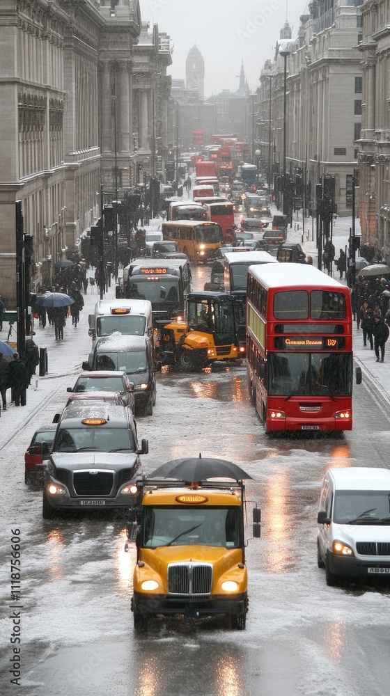 Fototapeta premium Angry farmers block London streets with tractors in rainy conditions, holding umbrellas and facing nearby traffic, including a red bus and white van
