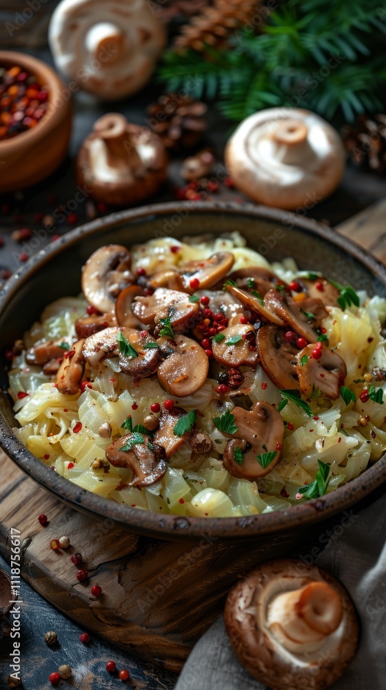 Mushrooms and cabbage garnished with herbs served in a rustic dish on a wooden table. Concept of cozy, rustic dining and natural ingredients. For food magazine photo Mushrooms and cabbage garnished with herbs served in a rustic dish on a wooden table. Concept of cozy, rustic dining and natural ingredients. For food magazine photo