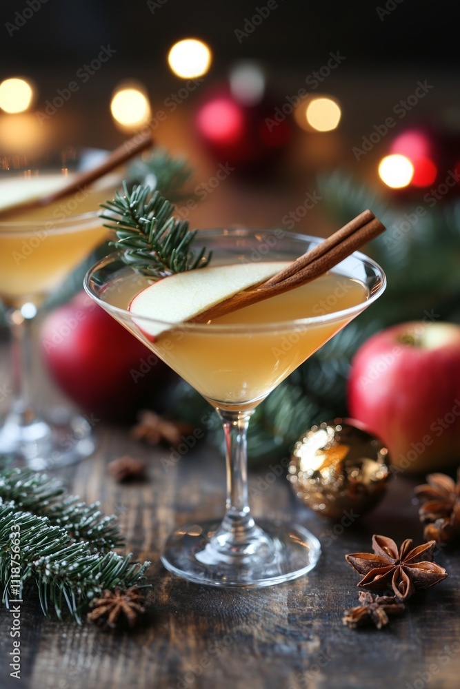 Spiced Apple Martini with Holiday Garnish: A sleek martini glass filled with spiced apple cocktail, garnished with a cinnamon stick, Spiced Apple Martini with Holiday Garnish: A sleek martini glass filled with spiced apple cocktail, garnished with a cinnamon stick,