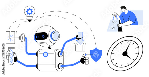 Multifunctional robot with multiple arms handling different tasks including lab work, shopping, package, and encryption. Ideal for technology, automation, productivity, innovation, efficiency