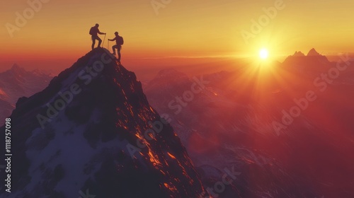 Climbers on a peak at sunset, symbolizing achievement