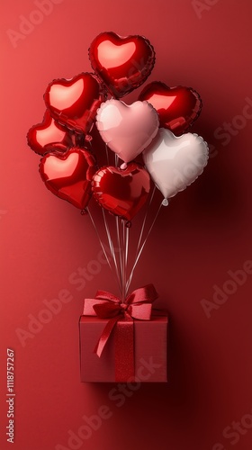 Red gift box with a satin bow from which rise red and pink heart shaped balloons. Themes related to Valentine's Day, gifts, holidays and love. photo