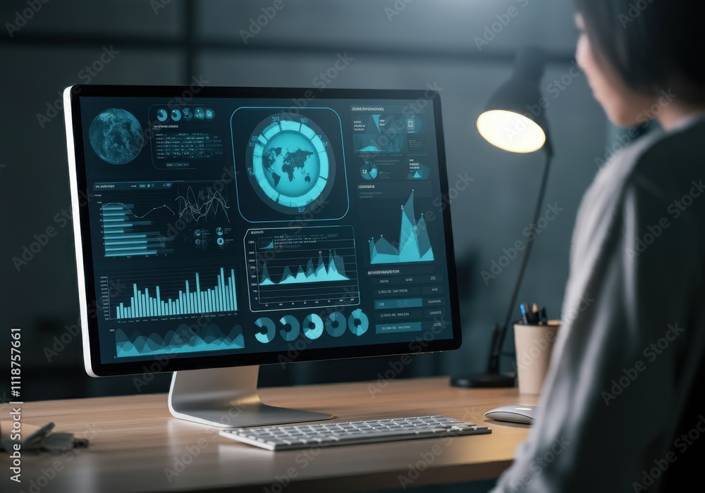 Data analysis science and big data with AI technology. Analyst or Scientist uses a computer and dashboard for analysis of information on complex data sets on computer. Insights development Data analysis science and big data with AI technology. Analyst or Scientist uses a computer and dashboard for analysis of information on complex data sets on computer. Insights development