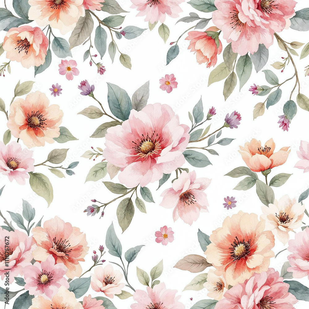 Obraz premium Watercolor seamless pattern with flowers, floral background