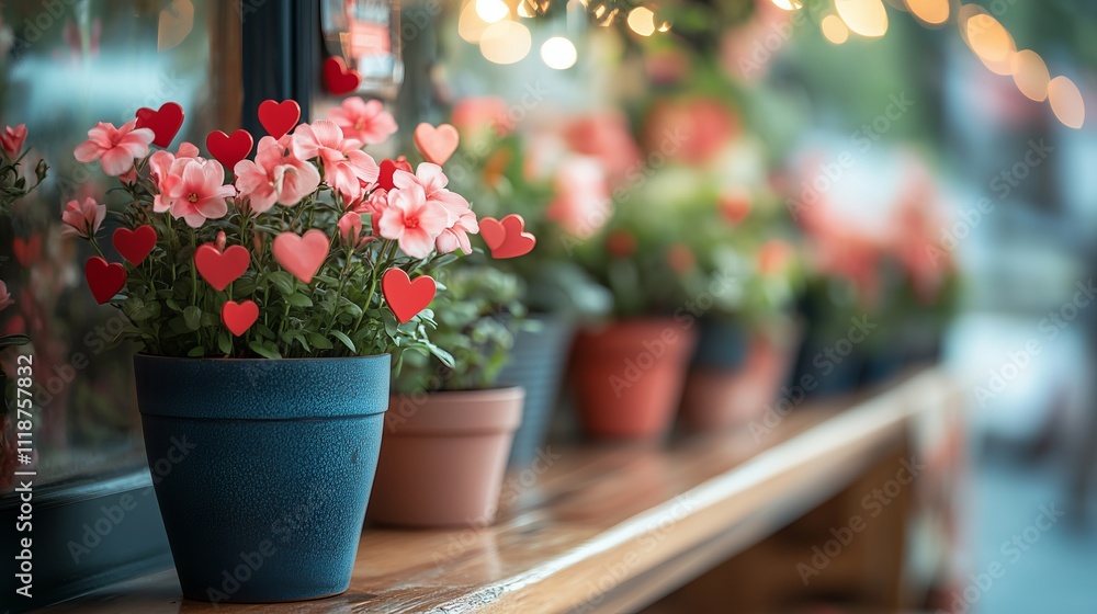 Potted plants with delicate pink flowers, decorated with miniature red hearts. Plants stand on a wooden surface. Copy space. Potted plants with delicate pink flowers, decorated with miniature red hearts. Plants stand on a wooden surface. Copy space.