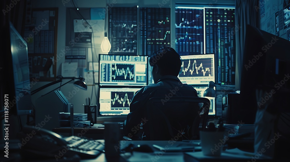 An Atmospheric Shot of a Trading Room at Night, with Glowing Screens, Dim Lighting, and a Sense of Intensity, Capturing the High-Stakes Energy and Focus of the Financial World An Atmospheric Shot of a Trading Room at Night, with Glowing Screens, Dim Lighting, and a Sense of Intensity, Capturing the High-Stakes Energy and Focus of the Financial World