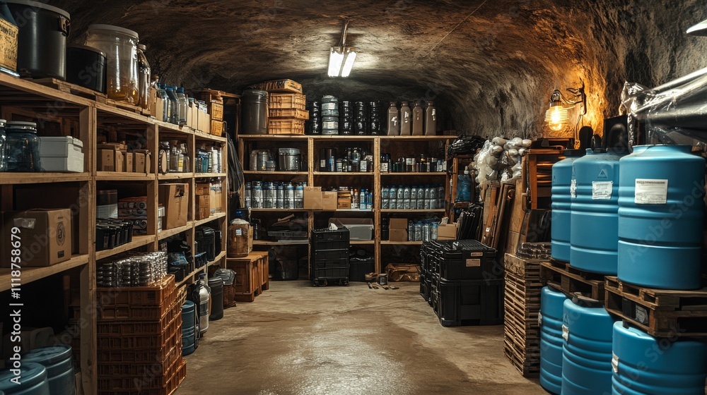 A spacious underground storage area features blue barrels, wooden shelves stocked with jars and boxes, and a concrete floor. The lighting creates a warm yet utilitarian atmosphere. A spacious underground storage area features blue barrels, wooden shelves stocked with jars and boxes, and a concrete floor. The lighting creates a warm yet utilitarian atmosphere.