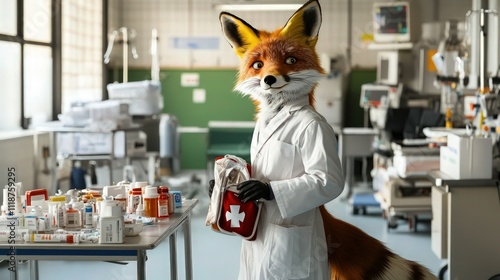 A fox dressed as a paramedic, wearing a white coat and carrying a first aid kit, standing near a table of medical supplies in a hospital emergency room. photo