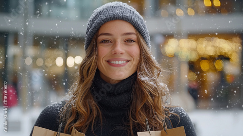 Cheerful Young Woman Enjoying Winter Shopping Spree Outdoors