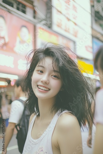 A young woman smiles brightly in a lively city street, surrounded by colorful signs and vibrant urban life.