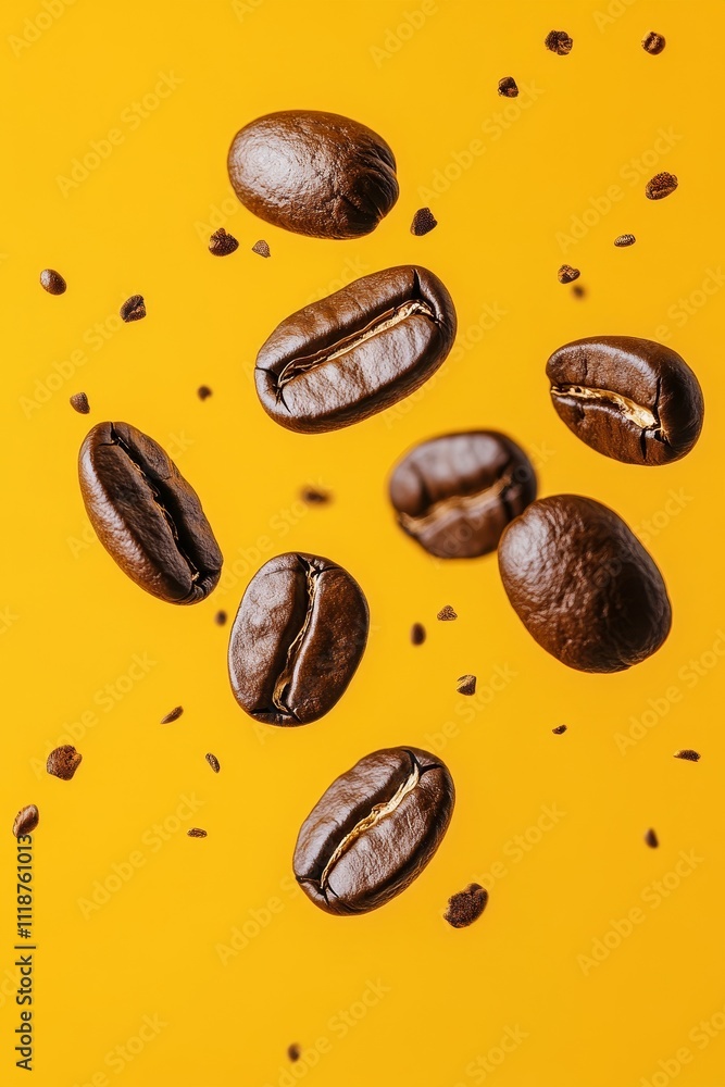 Dynamic image of roasted coffee beans and granules suspended gracefully on a vivid yellow background, highlighting rich textures. Dynamic image of roasted coffee beans and granules suspended gracefully on a vivid yellow background, highlighting rich textures.