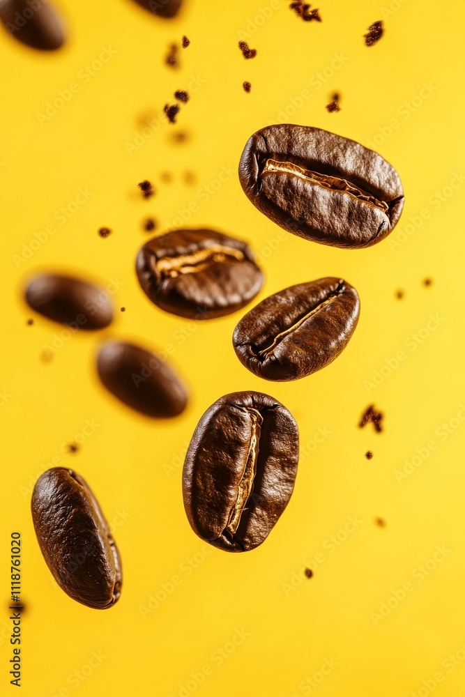 Dynamic close-up of coffee beans suspended mid-air against a vibrant yellow backdrop, showcasing rich texture and roasted detail. Dynamic close-up of coffee beans suspended mid-air against a vibrant yellow backdrop, showcasing rich texture and roasted detail.