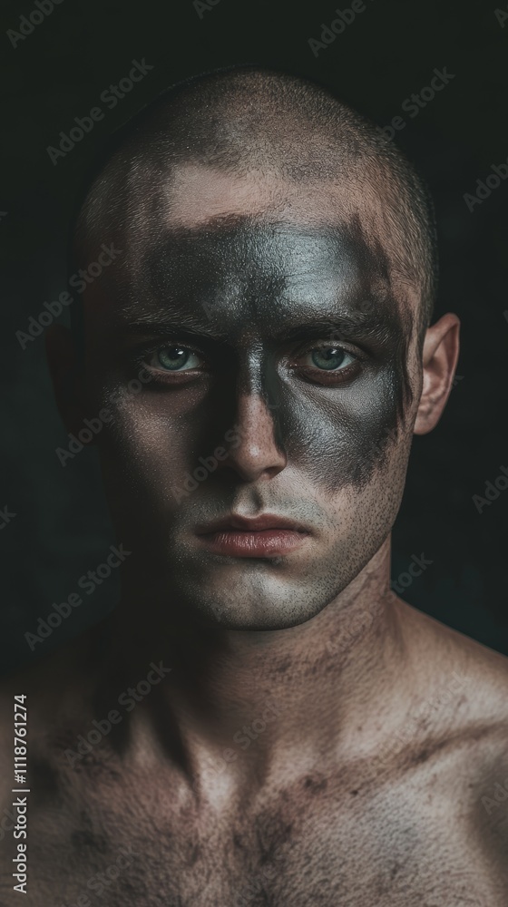 Close-up of a man with dark face paint, evoking mystery and intensity in a dramatic, low-light setting. Close-up of a man with dark face paint, evoking mystery and intensity in a dramatic, low-light setting.