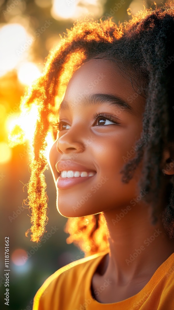 A joyful child smiles brightly, illuminated by the warm, golden glow of the setting sun, capturing a moment of pure happiness. A joyful child smiles brightly, illuminated by the warm, golden glow of the setting sun, capturing a moment of pure happiness.