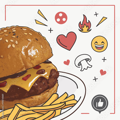a hamburger with a picture of a mushroom and a mushroom on it.