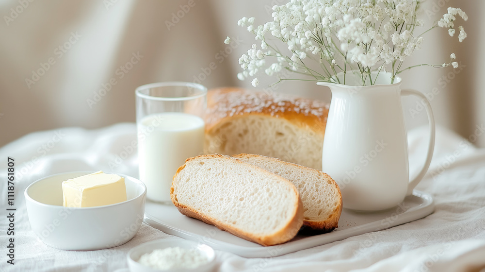 Morning ritual of simple pleasures with fresh bread, creamy butter, and a touch of nature enhances the breakfast experience Morning ritual of simple pleasures with fresh bread, creamy butter, and a touch of nature enhances the breakfast experience