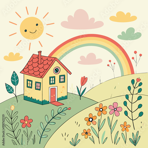 a picture of a house with a rainbow in the sky, a drawing of a house with a sun and flowers, a picture of a house with a rainbow and butterflies