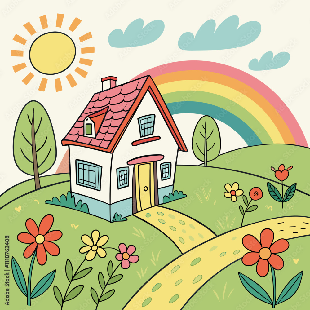 Fototapeta premium a picture of a house with a rainbow in the sky, a drawing of a house with a sun and flowers, a picture of a house with a rainbow and butterflies
