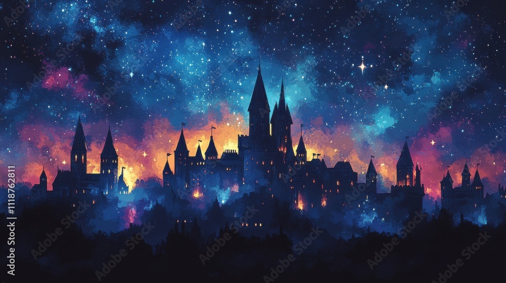 Majestic castle with turrets and towers set against a starry night sky. Majestic castle with turrets and towers set against a starry night sky.