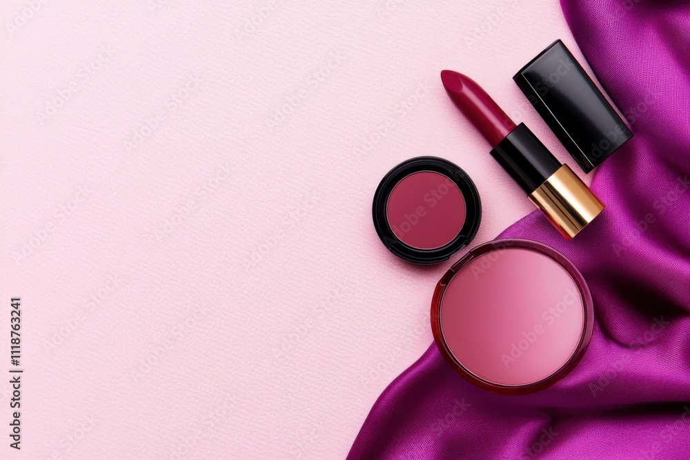 Flat-lay arrangement of burgundy and mauve makeup products on soft pink fabric background perfect for beauty enthusiasts and makeup lovers Flat-lay arrangement of burgundy and mauve makeup products on soft pink fabric background perfect for beauty enthusiasts and makeup lovers