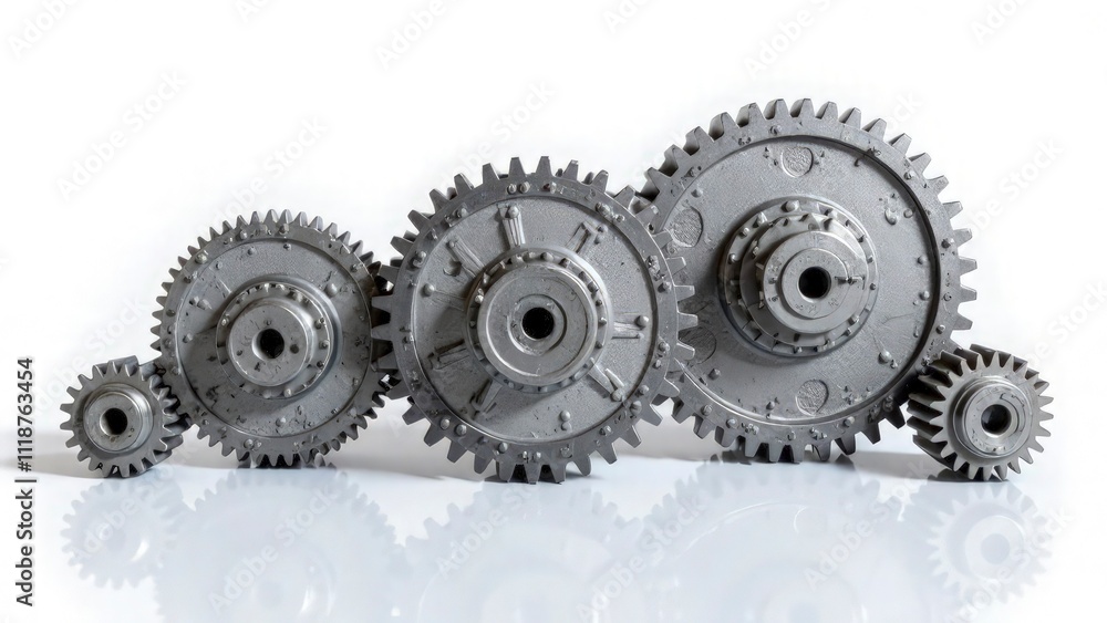 Industrial gears and cogs neatly arranged on a reflective surface, detailed metal textures, clean white background Industrial gears and cogs neatly arranged on a reflective surface, detailed metal textures, clean white background