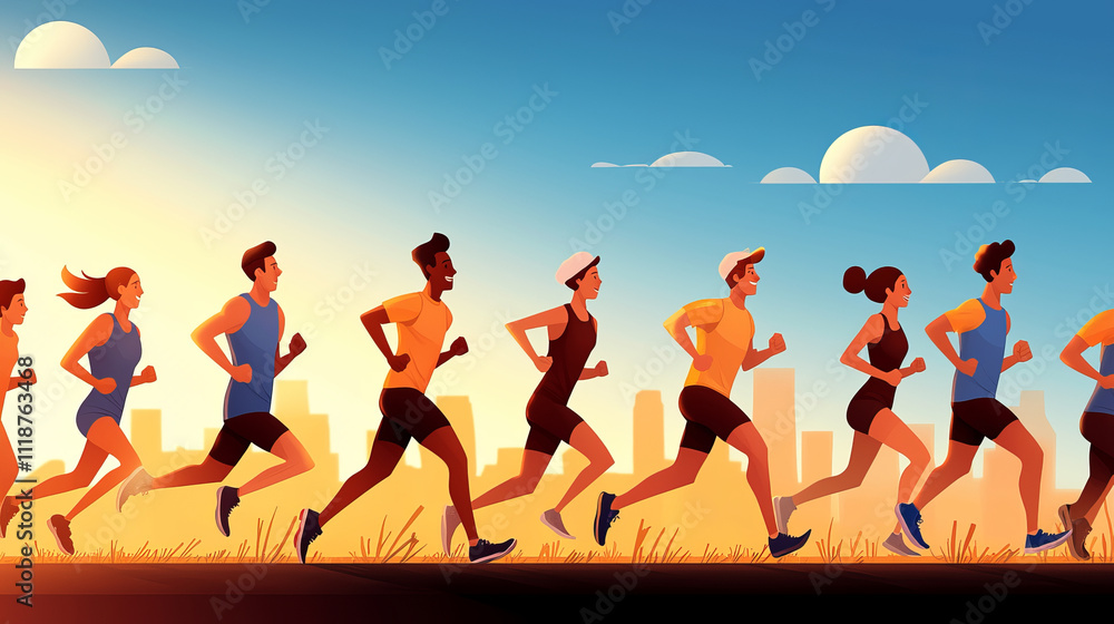 Obraz premium diverse group of runners jogging through vibrant cityscape during sunset