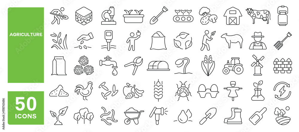 Set of 50 line icons related to agriculture, farming, farmer, seedling, growing, barn, cultivation, harvest, farmland, Editable stroke. Vector illustration Set of 50 line icons related to agriculture, farming, farmer, seedling, growing, barn, cultivation, harvest, farmland, Editable stroke. Vector illustration