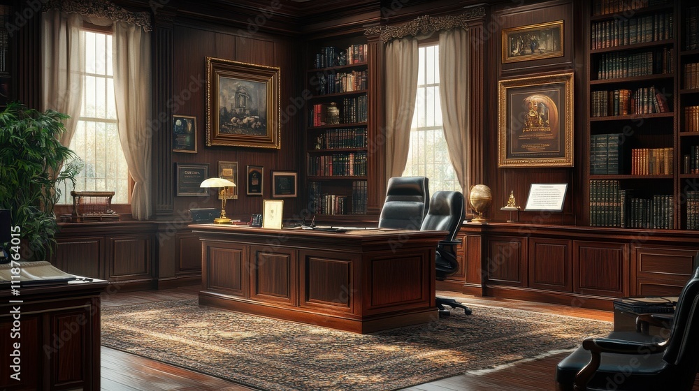 Office scene with awards and certificates displayed, honoring achievements in law. Office scene with awards and certificates displayed, honoring achievements in law.