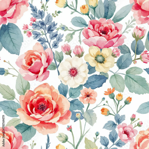 Watercolor seamless pattern with flowers, floral background