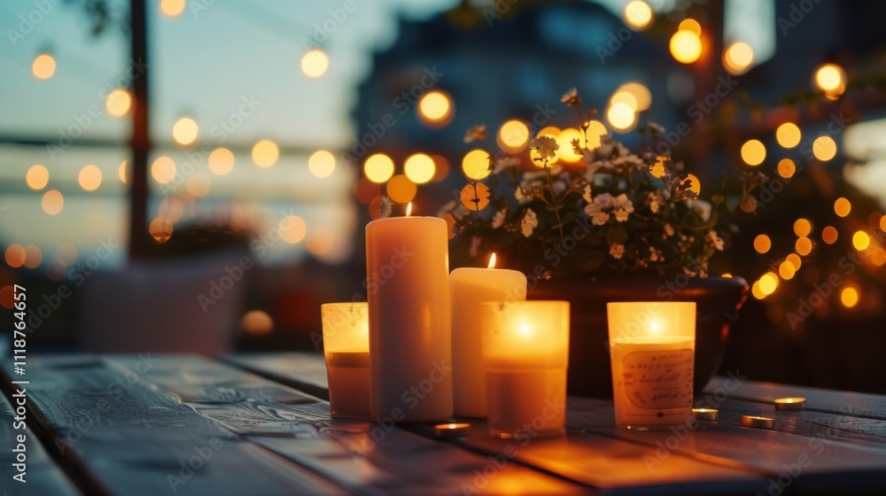 Soft music plays in the background adding to the magical ambiance of the candlelit rooftop stargazing experience. 2d flat cartoon. Soft music plays in the background adding to the magical ambiance of the candlelit rooftop stargazing experience. 2d flat cartoon.