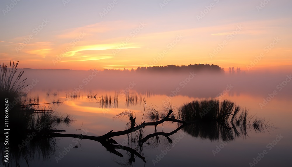 Misty Morning: Serene Lake Scene at Sunrise Misty Morning: Serene Lake Scene at Sunrise