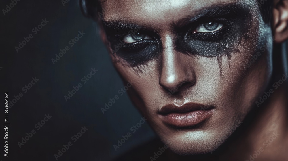 Intense close-up of a model with bold, smeared dark makeup, capturing an edgy and mysterious aesthetic. Intense close-up of a model with bold, smeared dark makeup, capturing an edgy and mysterious aesthetic.