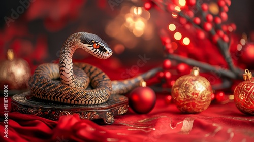 A snake elegantly coiled on ornate base, surrounded by vibrant red and gold decorations, creating a festive atmosphere. photo