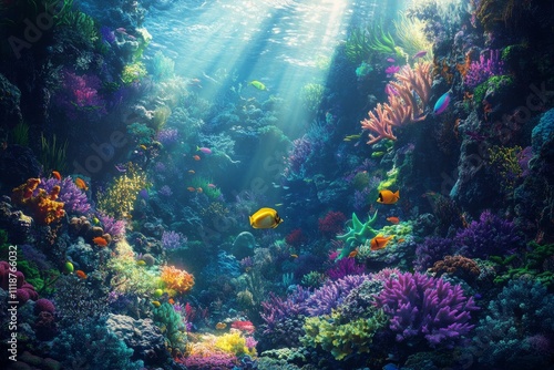 Vibrant coral reef teeming with colorful marine life. Generative AI