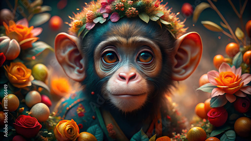 Baby monkey adorned with floral crown and vibrant flowers