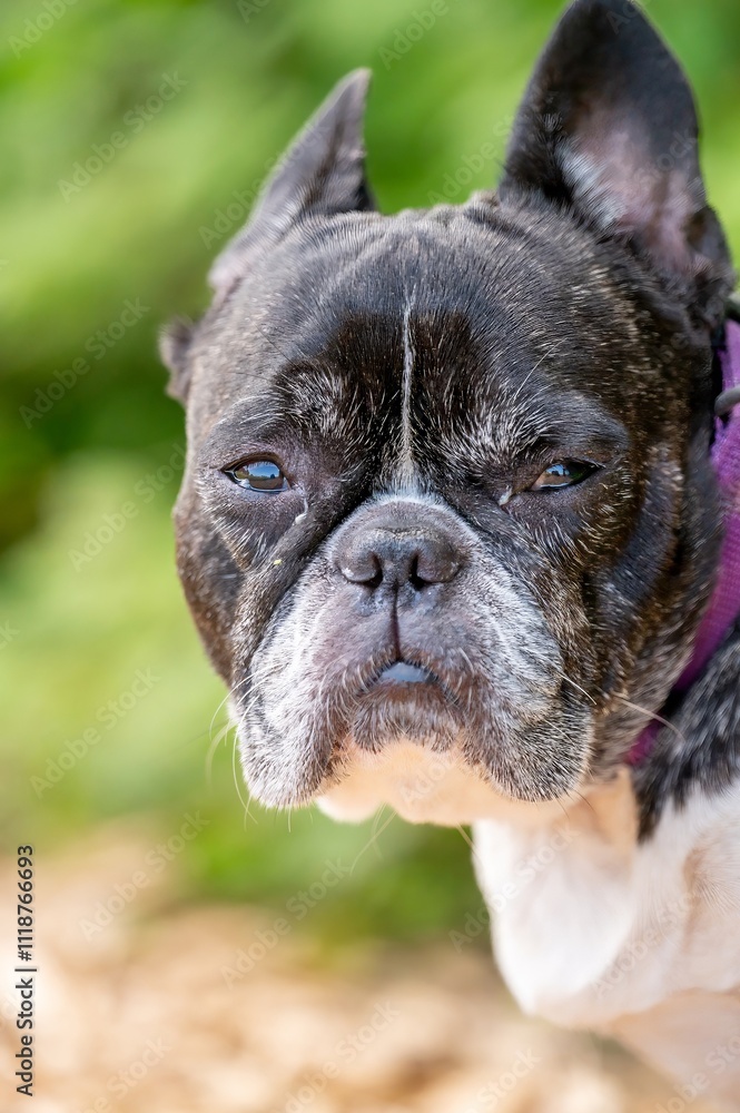 Portrait of black and white French Bulldog. Portrait of black and white French Bulldog.