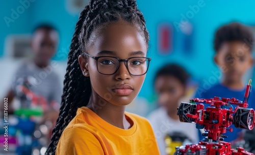 A female teacher at an elementary school shows young students how to program a mechanical robot.