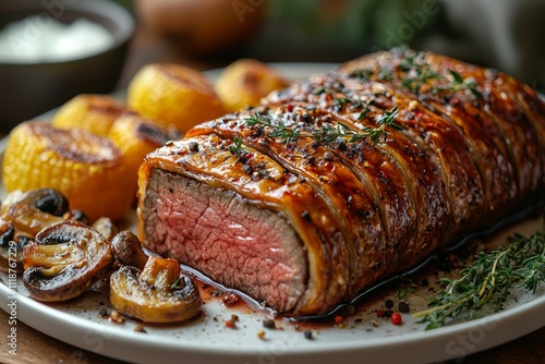 A British beef Wellington featuring fillet steak, foie gras, duxelles, and baked puff pastry. photo