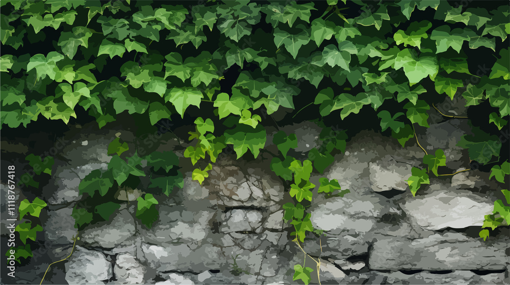Green ivy leaves on stone wall backdrop with copy space for text Green ivy leaves on stone wall backdrop with copy space for text