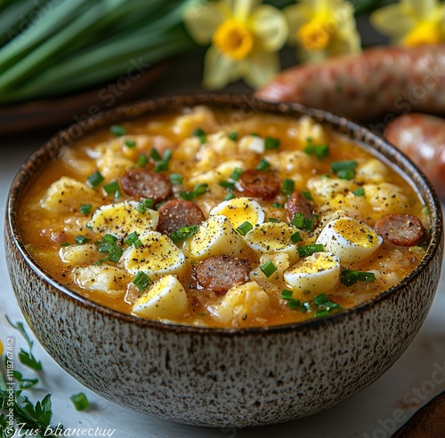 A close-up of the traditional Polish Easter soup, Żurek, served in a ceramic bowl, featuring sausage, hard-boiled egg, and vegetables.