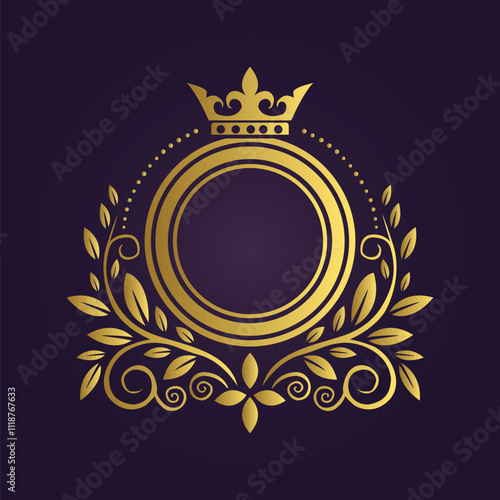 Ornate circular emblem with gold crown flourishes and scrolls on a dark purple background  
