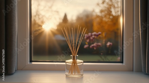 Reed diffusers in various shapes and sizes enhance the warm atmosphere beside dried flowers, capturing elegance and simplicity photo